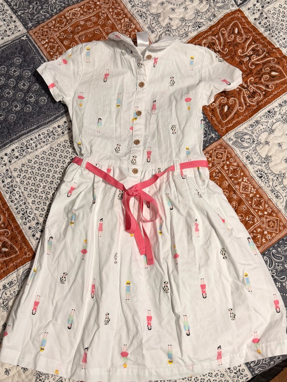 Carter’s Girls Size 5 White Dress with Girl and Dog Print and Pink Belt